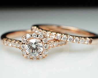 Rose Gold Engagement Ring & Matching Wedding Band Solitaire Diamond Halo Bridal Set Natural Diamond Custom Made Jewelry Round Diamond