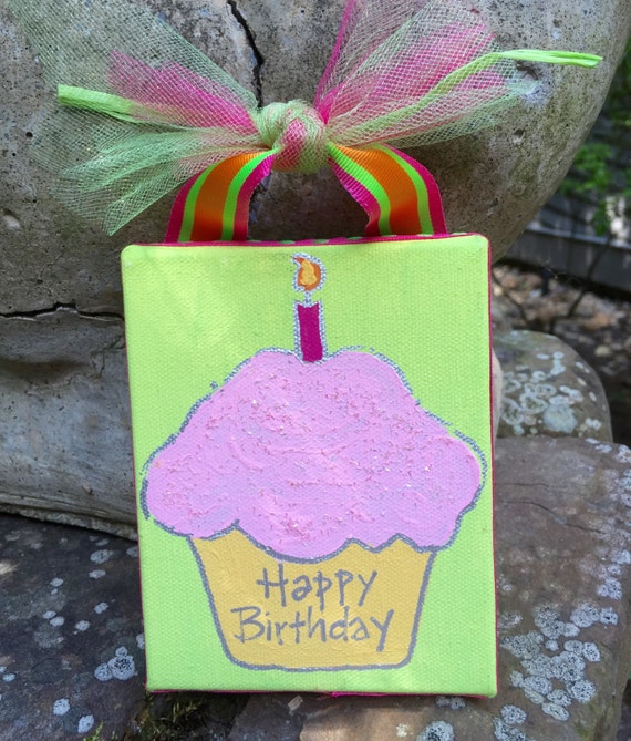 Items similar to Hand Painted Canvas "Happy Birthday Cupcake" Sign on Etsy