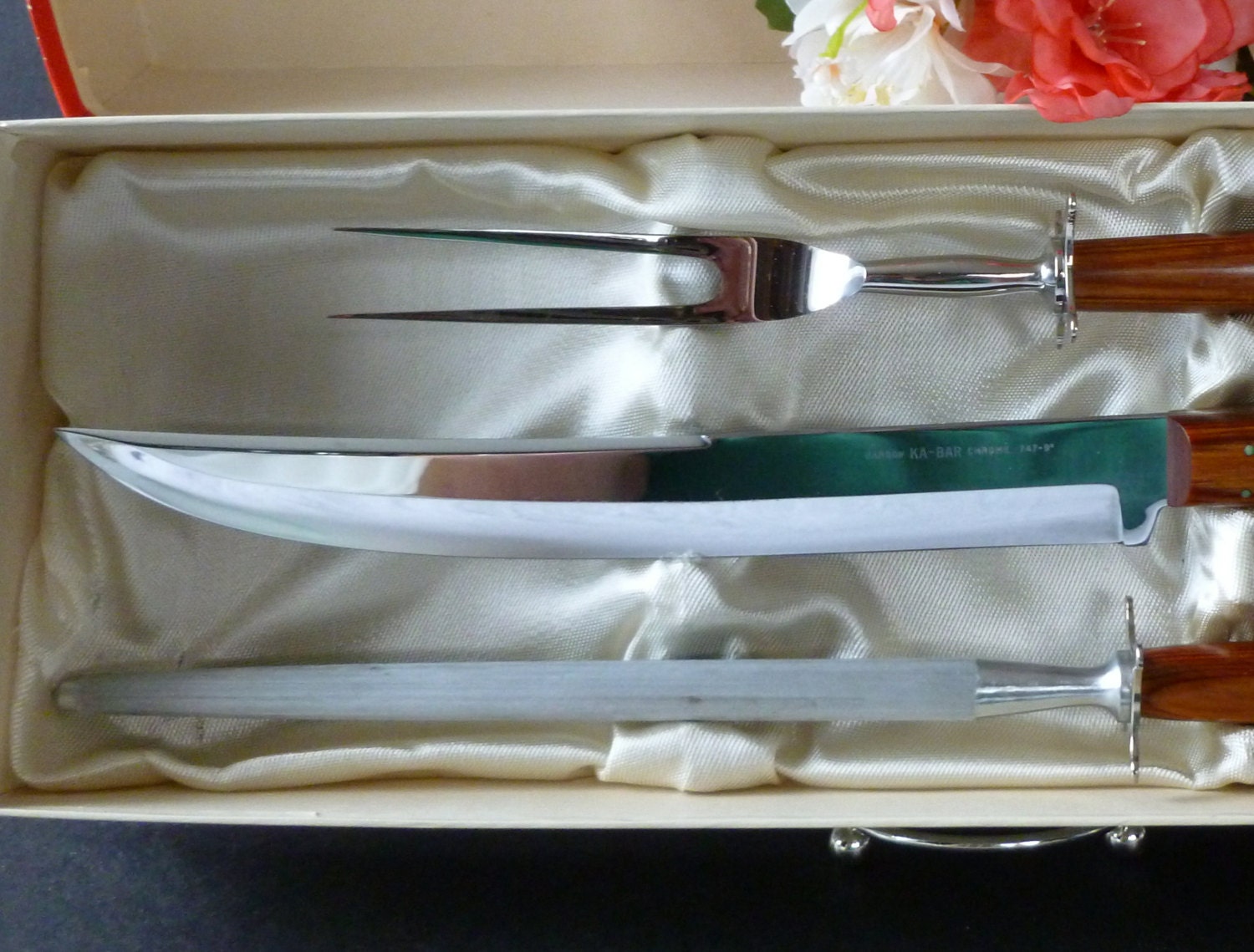 Vintage Ka Bar Carving Set Carbon Steel with Rose Wood