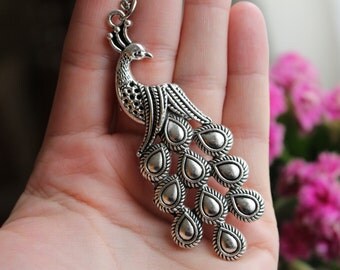 Peacock necklace, silver bird necklace, long chain necklace, silver peacock jewerly, peacock jewelry, large peacock, peacock pendant