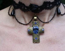 Gothic cross - lace choker - blue - FREE SHIPPING