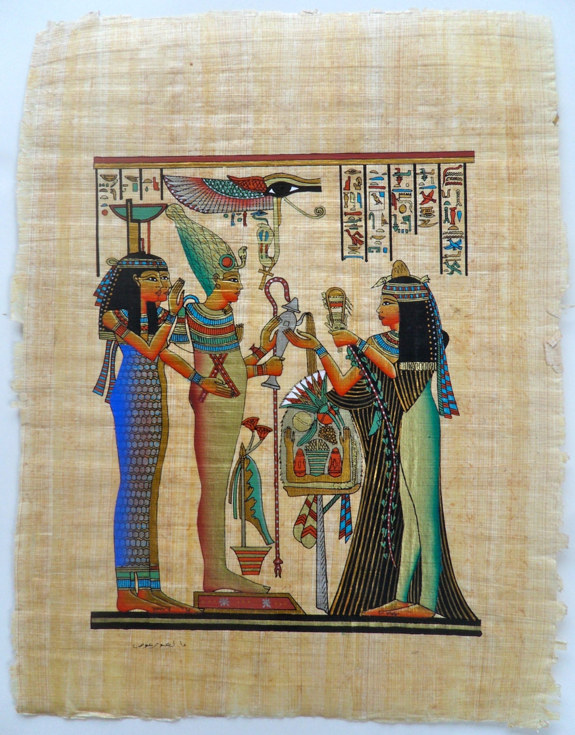 Egyptian Papyrus Painting Osiris Isis and by EgyptianArtCaravan