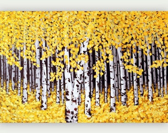 Birch Tree Print, Giclee Print, Yellow Birch Painting, Aspen Tree Art Print on Canvas from Original Landscape Painting, Birch Wall Art
