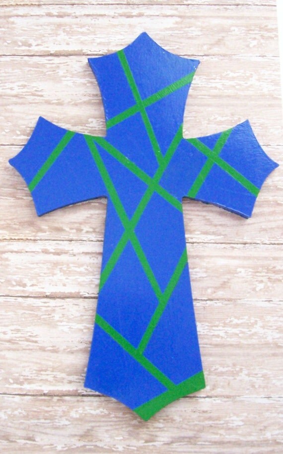 Items similar to Boys Wood Cross Wall Decor With Blue and Green Boys
