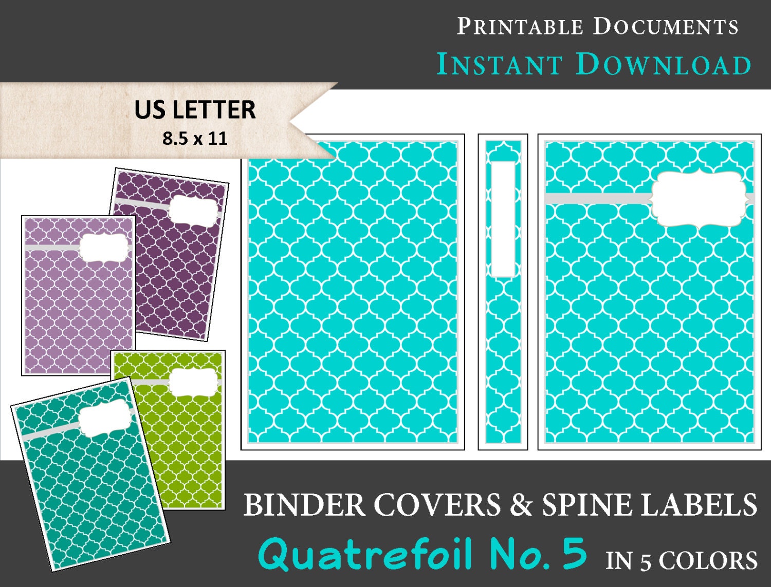 Printable Binder Covers & Spine Label Inserts in 5 Colors:
