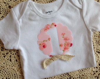 Shabby Chic 1st Birthday Girl Outfit || FABRICS - SO PRETTY || Vintage~Style Garden Tea Party Birthday | Cake Smash First Birthday '1' Shirt