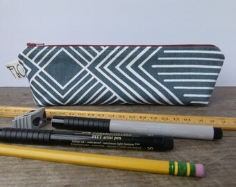 Charcoal Geometric Canvas Pencil Case, Bridesmaid Gift, Holiday Gift, Zipper Pouch, Pencil Pouch, Gunmetal Grey Canvas Bag, Travel Bag