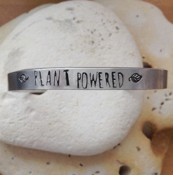plant powered vegan bracelet - leaf design - adjustable - handstamped - unisex