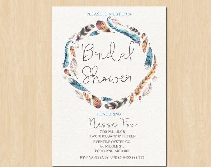 Bohemian Bridal Shower Invitation // Feather // Water Color // Printable Shower Invite // Printable Invitations