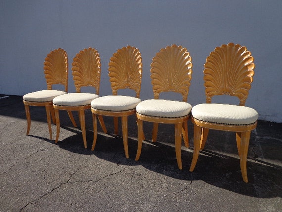 5 Italian Carved Wood Chairs Seashell Shell Clam Back Dining