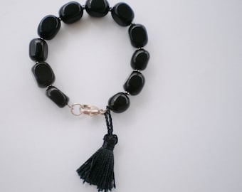 Leo zodiac black onyx tassel bracelet sterling silver