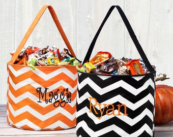 Monogrammed Halloween Bucket Personalized Trick or Treat Bag Chevron Orange Black Kids Name Basket Tote Candy Pail Embroidered Childrens