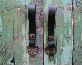 Black Leather Keychain Fob, Black Leather Key Fob, Black Key Fob, Black Keychain, Black and silver/bronze, Leather lanyard, keychains