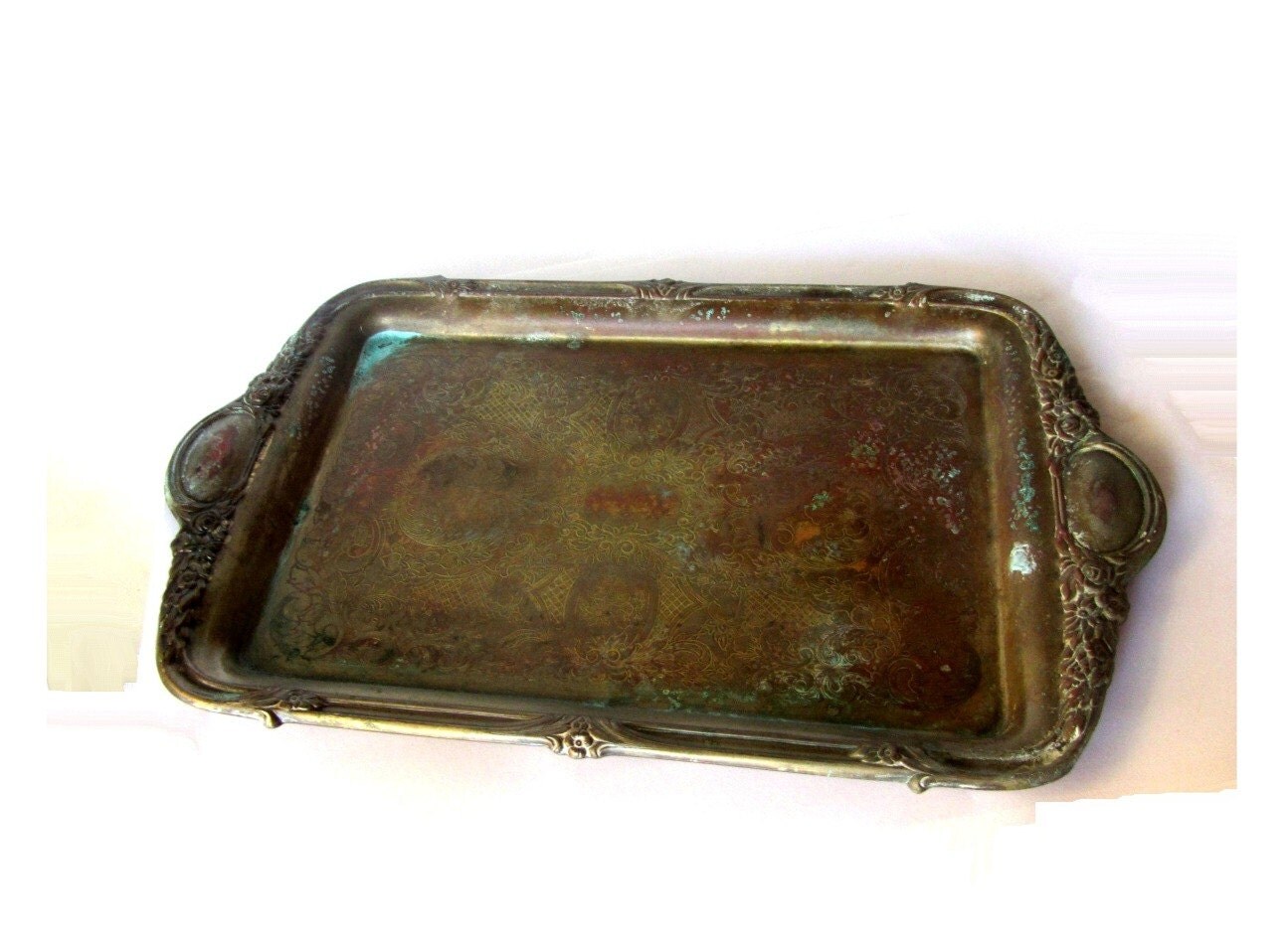 Old metal tray. Old copper tray. Antique trinket tray. Floral