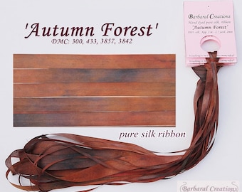 Hand dyed 7 mm wide pure silk ribbon - 'Autumn Forest'