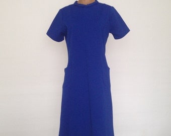 Vintage 60's Handmade Royal Blue Short Sleeve Shift Dress Size M