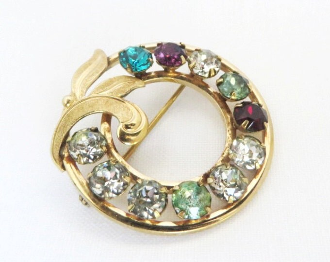 Van Dell Rhinestone Circle Brooch | Vintage 12K Gold Filled Pin