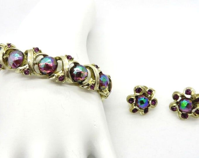 Vintage Watermelon Rhinestone Bracelet , Screw Back Earrings Set, Signed Longcraft Demi Parure