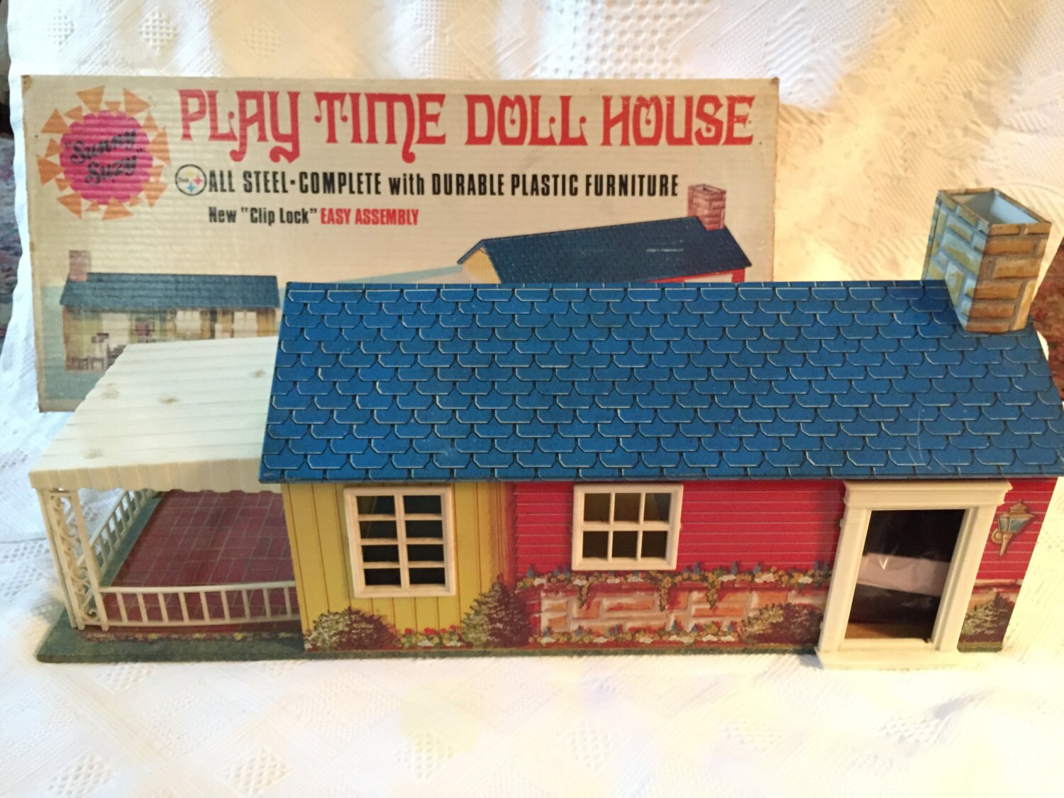 Maison De Poupée Vintage BLUE BOX En Carton - Complète Mais Avec Défauts (occasion)