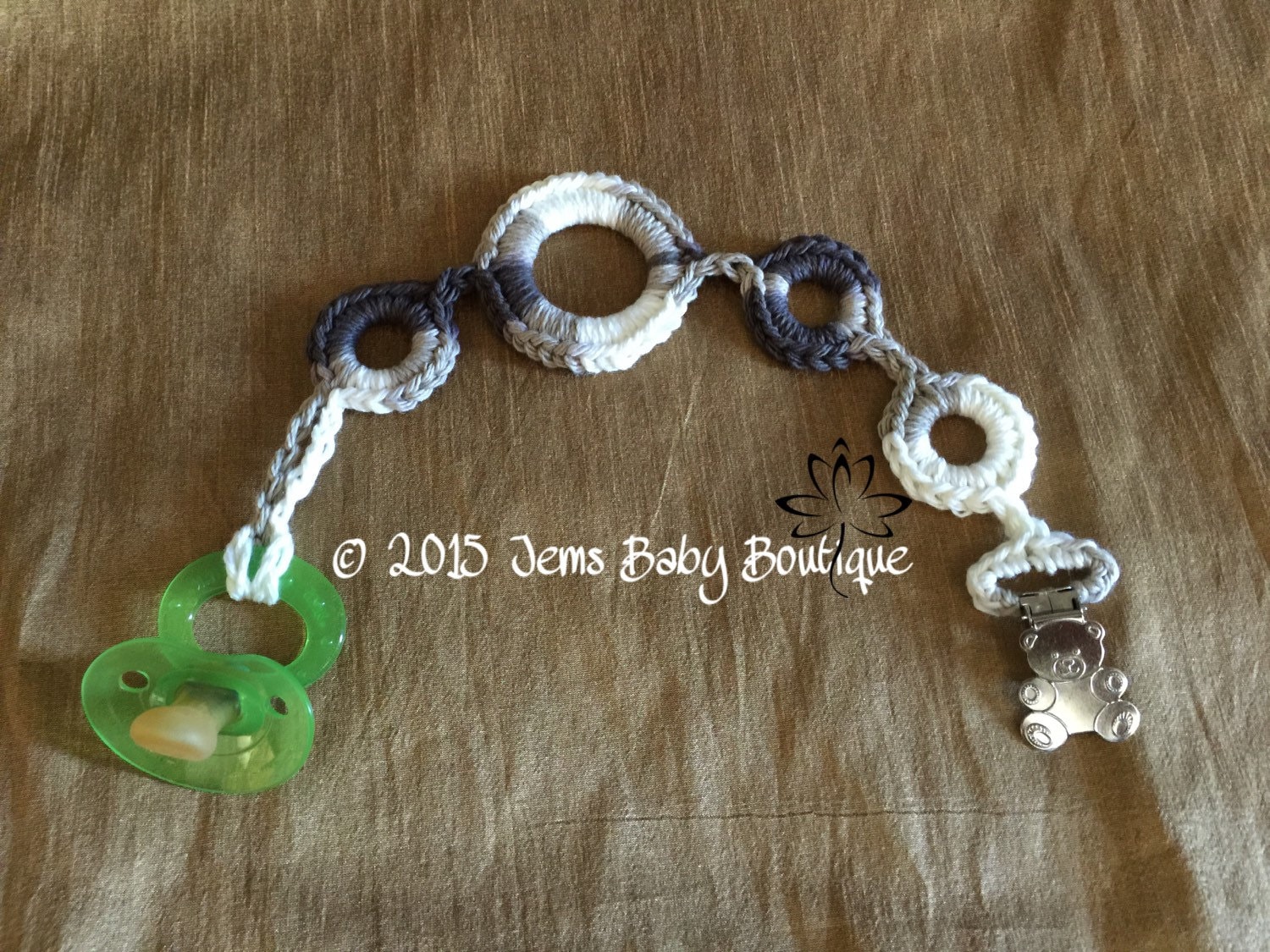 Crochet pacifier holder with bear clasp Ready to Ship cotton