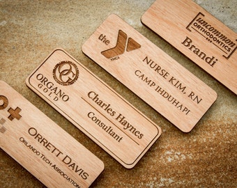 Wood Name Badge, Custom Name Badges, Engraved Name Tag with Logo, Engraved Name Badge, Magnetic Name Tag, Custom Name Tag, Wood Name Tag