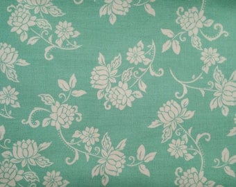 White floral on Teal Background - Cotton Woven Fabric