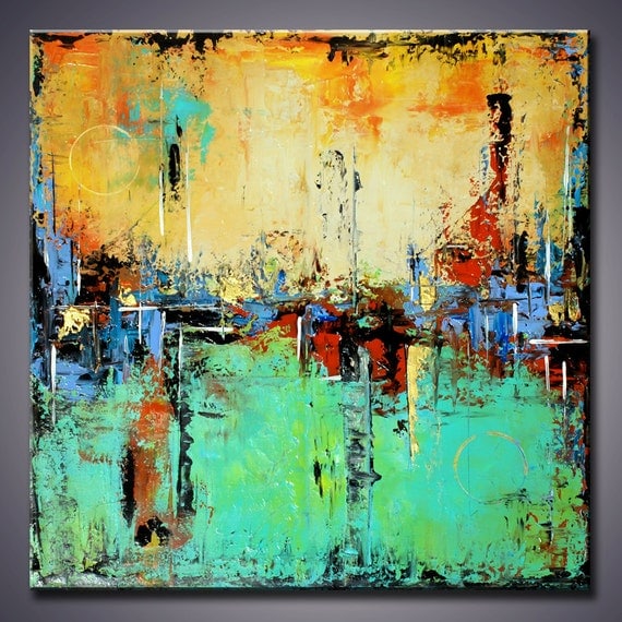 Large Abstract Turquoise Painting Yellow Painting Modern