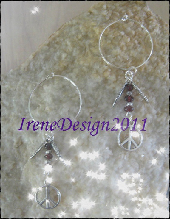 Handmade Silver Hoop Earrings with Garnet, Feathers & Peace by IreneDesign2011
