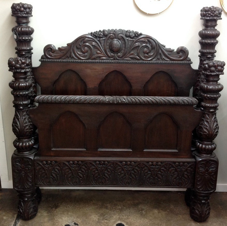 Antique Solid Mahogany Ornately Hand Carved Twin Bed Mediterranean ...
