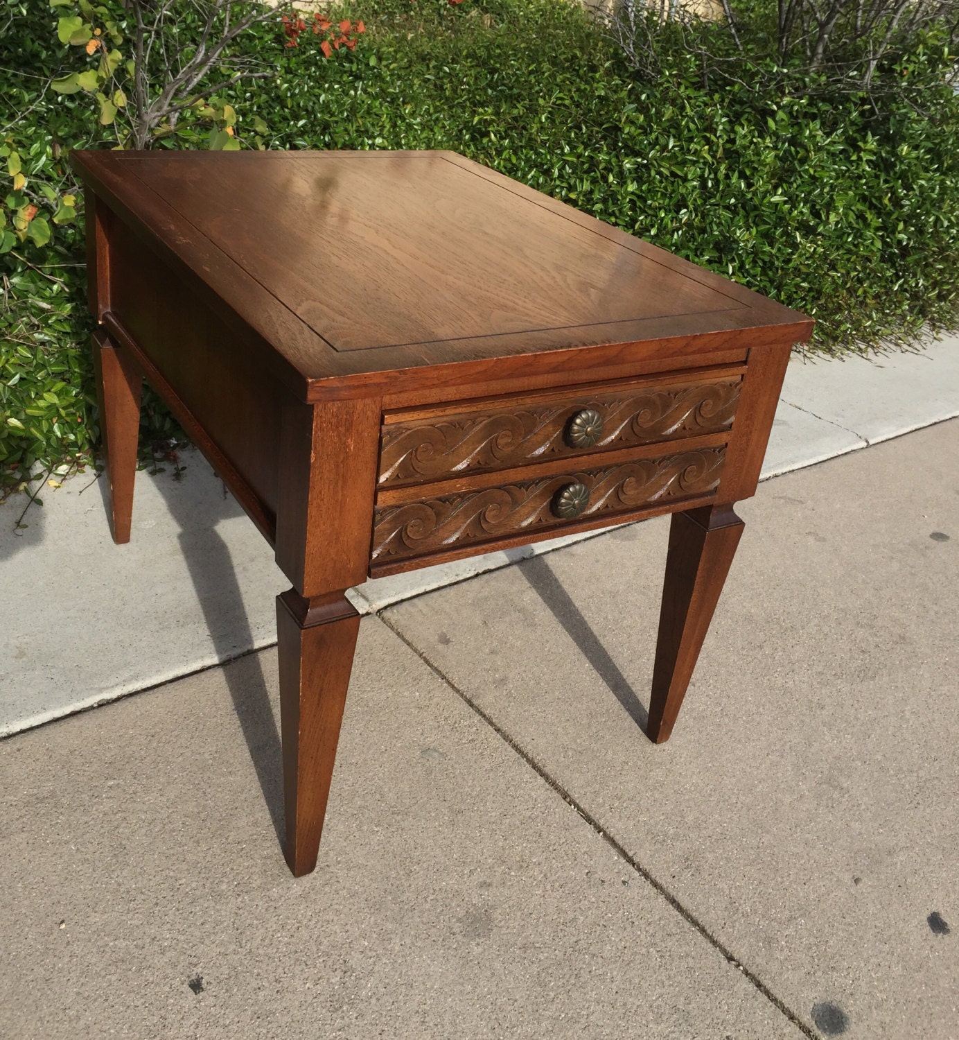 Mid Century Carved End Table / Bedside Table / Night Stand by Lane