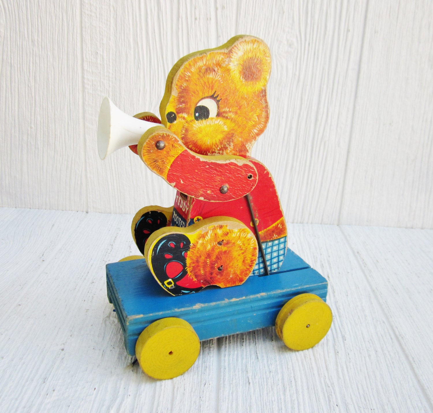 Vintage Fisher Price Wooden Pull Toy 1950's Teddy Tooter