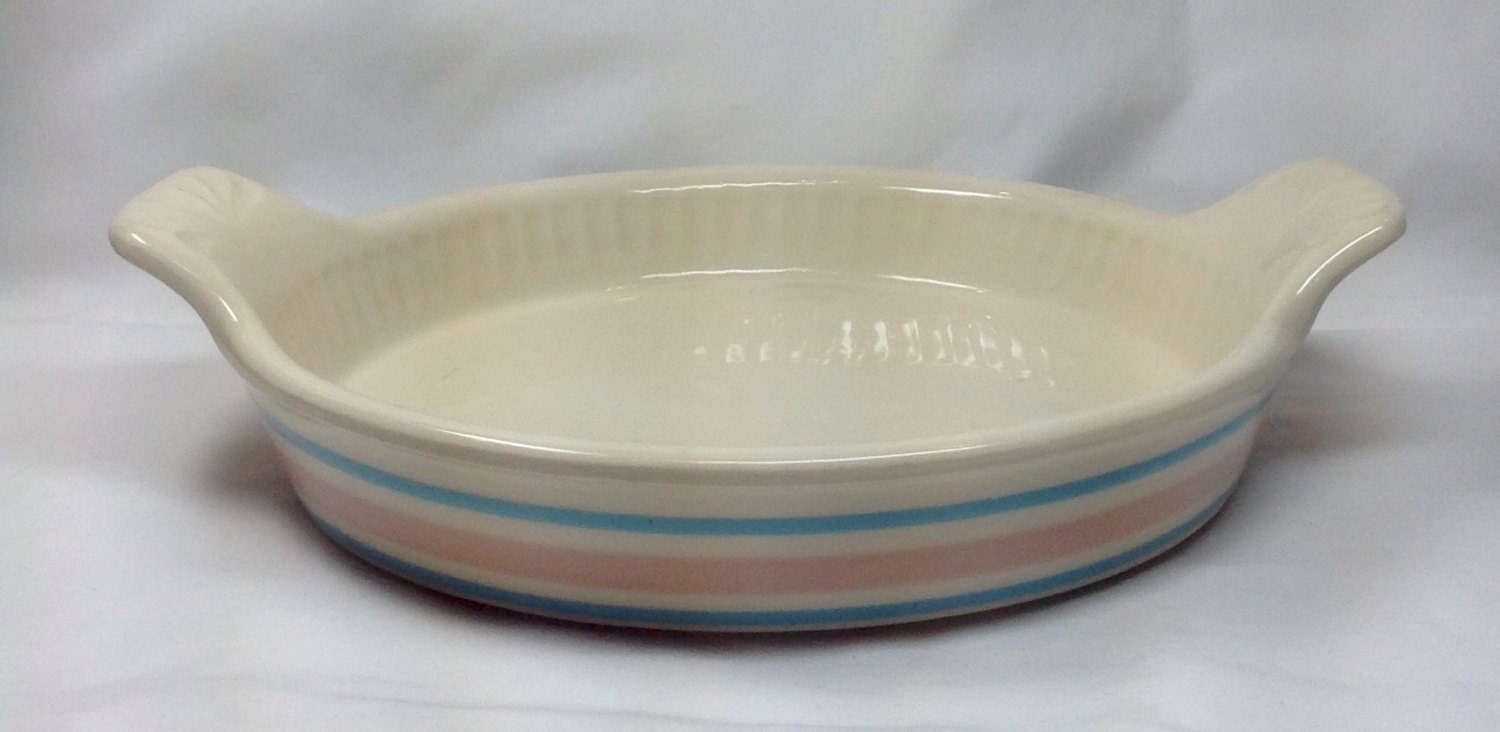 Vintage McCoy Pottery Nelson Pink Blue Stripe 7031 Baking Dish