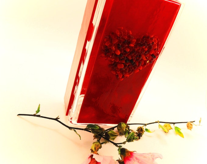 Tall red glass vase. Quirky glass panelled rectanglar glass vase Chunky red heart flower vase. Wedding birthday housewarming valentine gift.