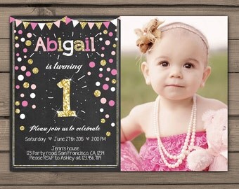 Gold glitter first Birthday invitation Gold First Birthday Invite Pink and gold birthday invitation Girl photo Digital PRINTABLE ANY AGE