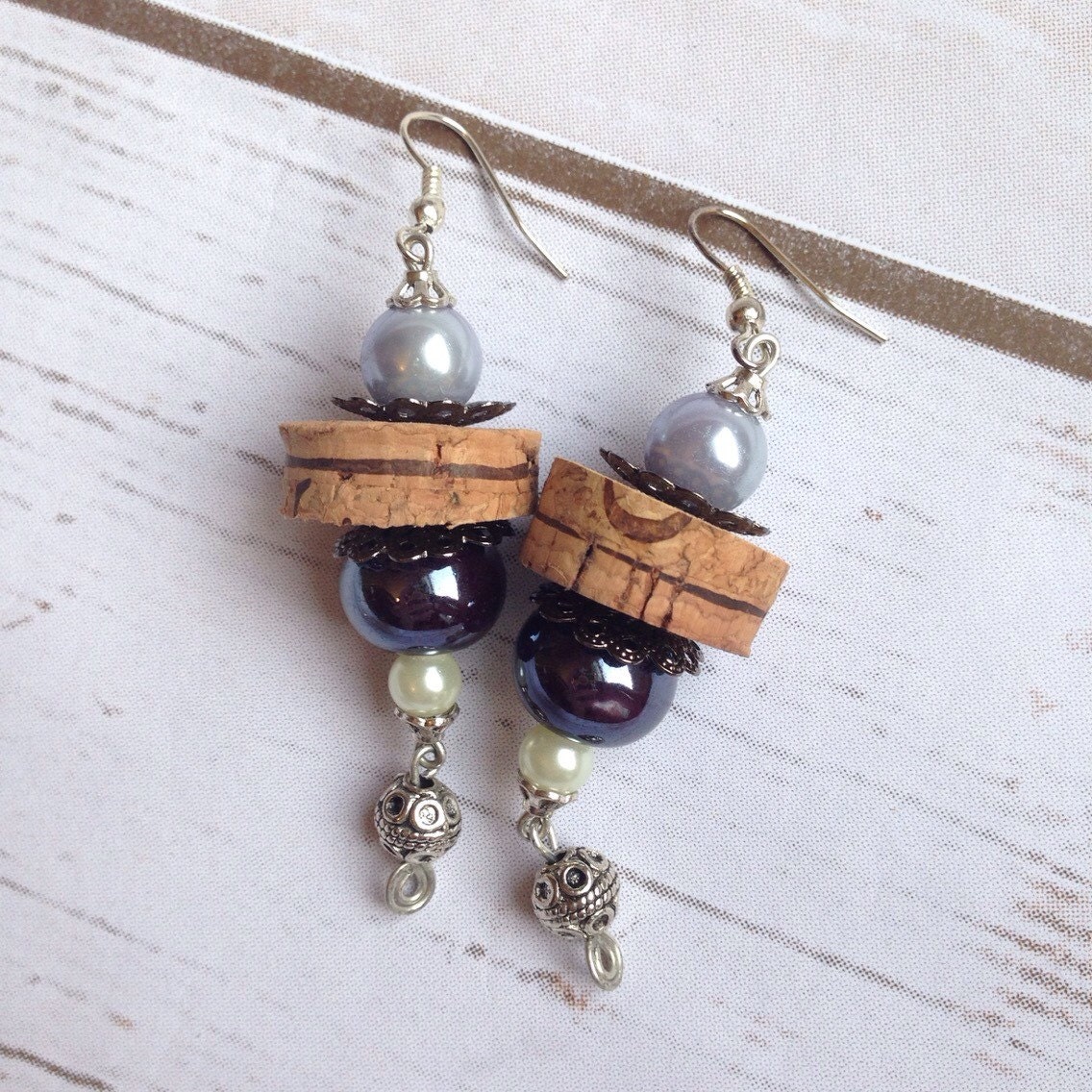 Wine Cork Earrings in Blue Pearl and Hematite by TrueVineGifts