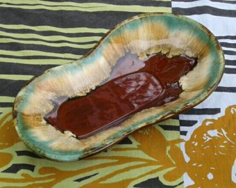 Vintage R.R.P.Co. Robinson Ransbottom Pottery Co. Roseville, Ohio Teal/Brown Drip Dish