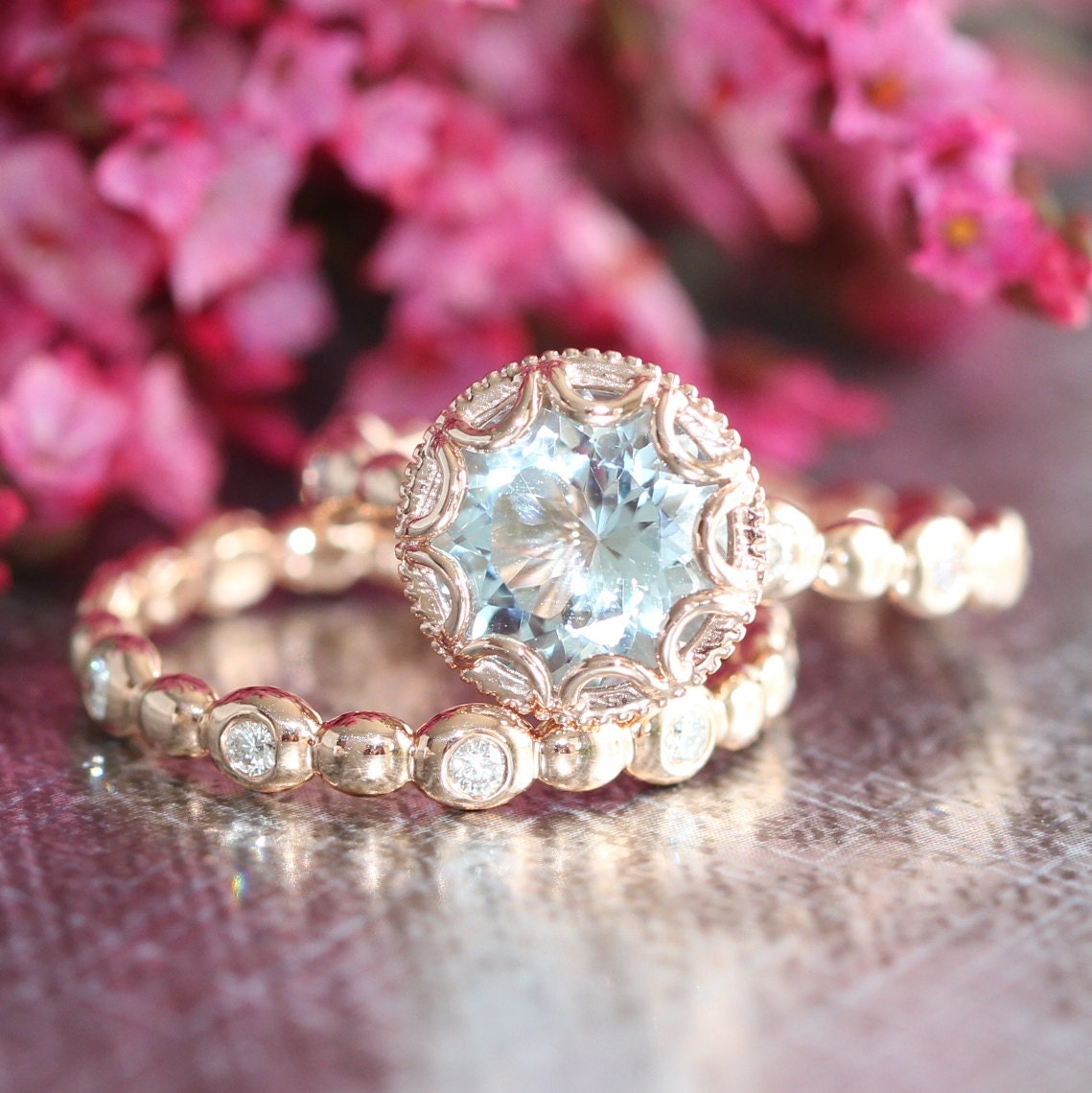 Floral Aquamarine Engagement Wedding Ring Set in by LaMoreDesign