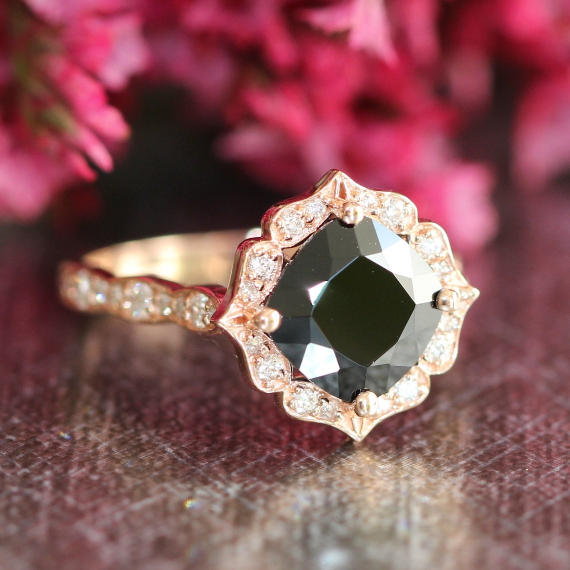 Vintage Floral Black Spinel Diamond Engagement Ring in 14k