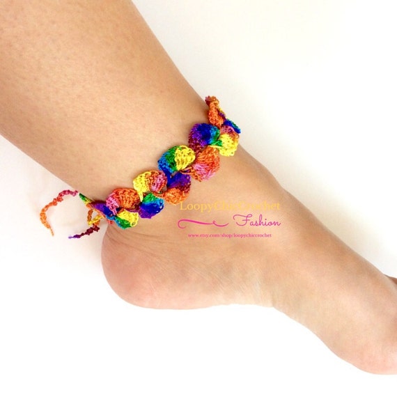 Rainbow Colored Crochet Ankle Bracelet Woven by LoopyChicCrochet