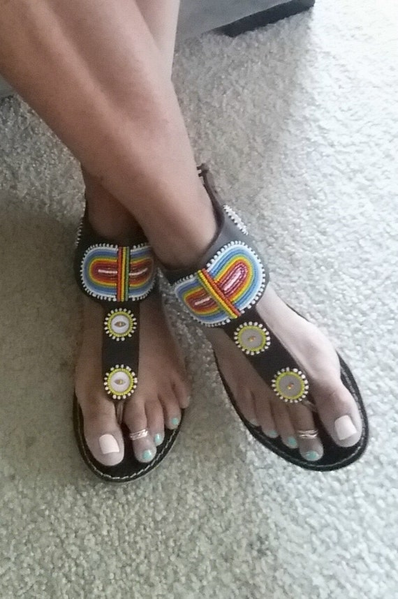 African Colours Beaded Leather Sandals Flip-Flops Shoes -Style No.37