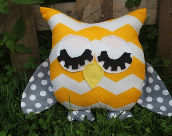Yellow chevron/grey polka dot sleepy stuffed owl/pillow/plushie/nursery decor