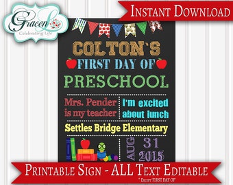 First Day Of School Sign, 1st Day Of School Sign, Back To School Sign, Editable PDF (personalize text with Adobe Reader), Printable Sign