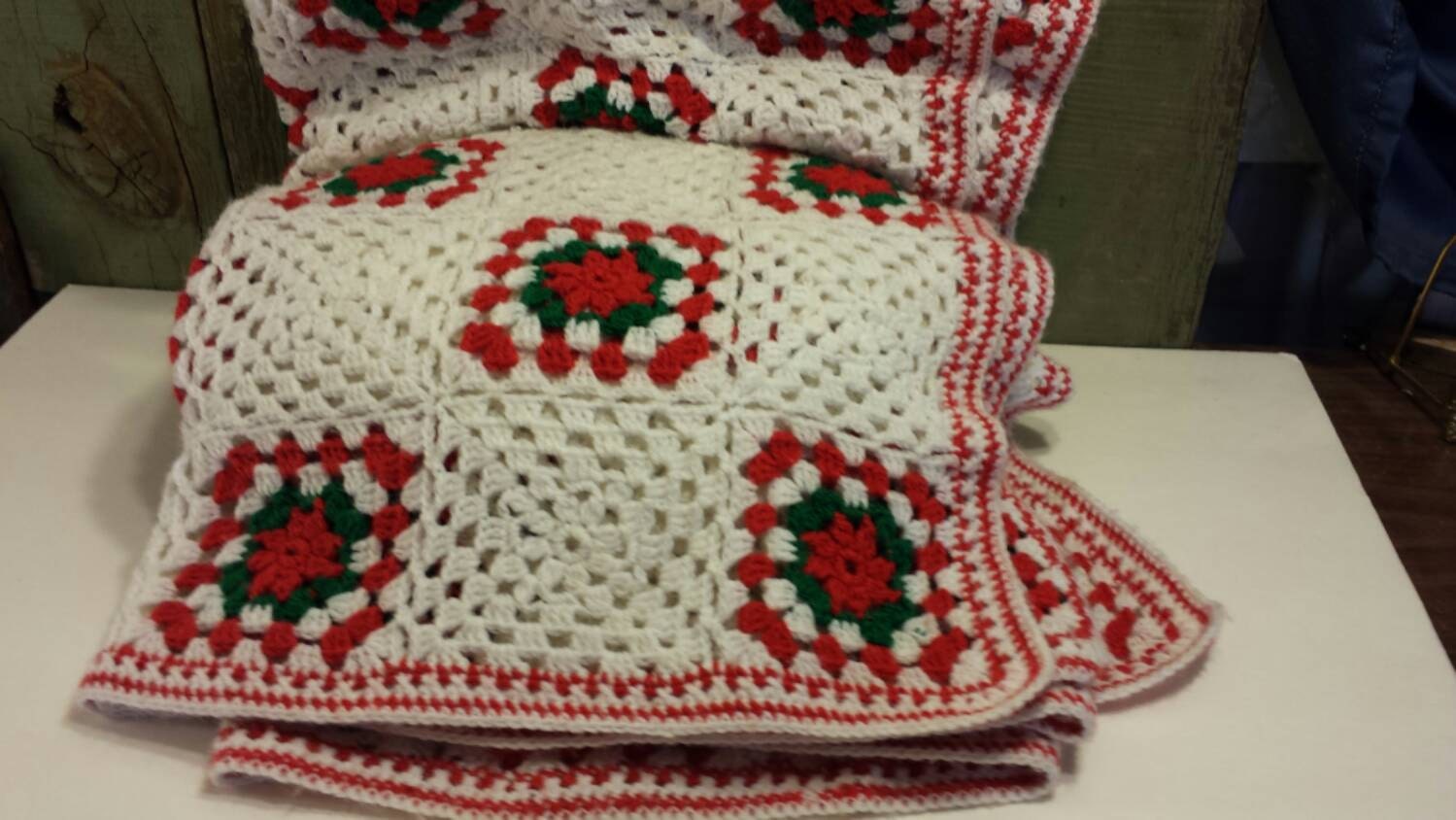 Vintage Handmade Yarn Throw White Red and Green Yarn Throw