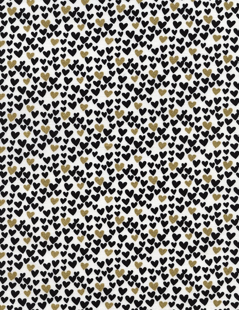 Heart Fabric Black and Metallic Gold Hearts by by LoveofPattern