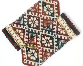Brown Green White Mittens Hand Knitted Wool Mittens Brown Green White Hand Knitted Wool Gloves Latvian Mittens with Pattern Winter Mittens