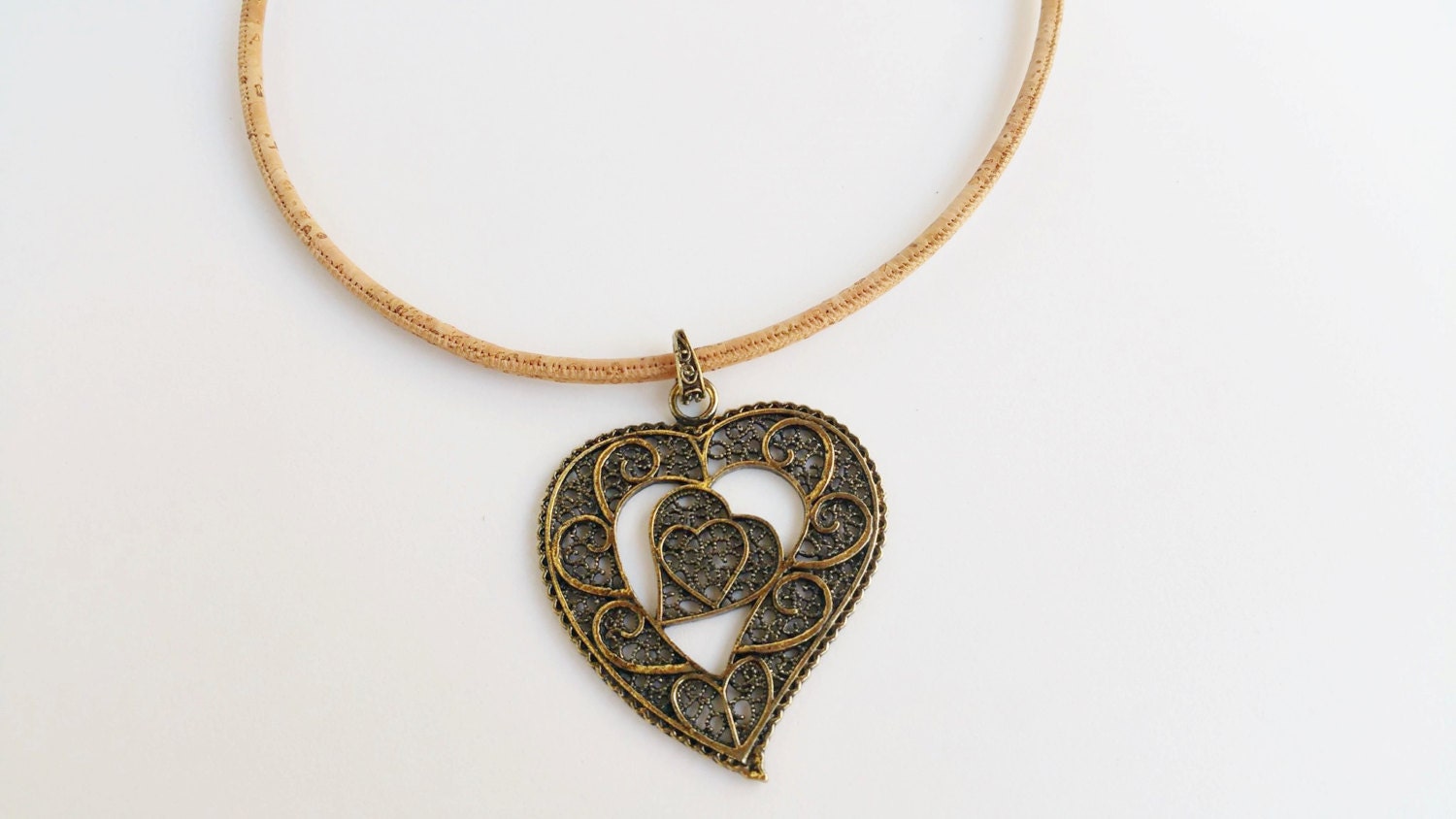 portuguese natural cork jewelry big heart necklace