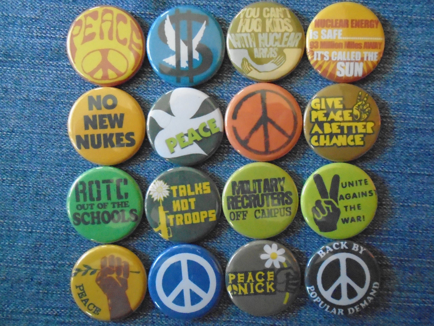 Hippie 1.25 Pin back buttons. Set of 16 different