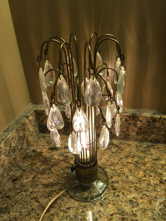 Vintage Crystal Brass WATERFALL TABLE LAMP Boudair Light Art
