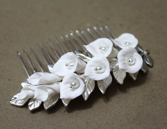 Bridal Flower Hair Comb White Calla Lilies Hair Comb Bridal