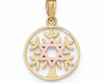 14K Yellow Gold and 14K Rose Gold Star of David Tree of Life Pendant Charm LKQK5710